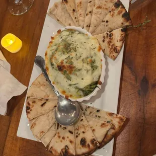 Artichoke dip with pita, yummy.