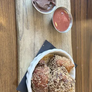 These were the apple fritters with a chocolate ganache and a raspberry coulis