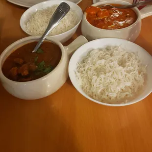 Chicken Tikka Masala(background) and Lamb Rogan Josh (foreground) with rice