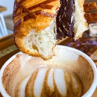 Chocolate croissant and Spanish Latte