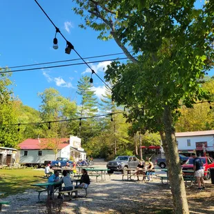 people sitting at picnic tables