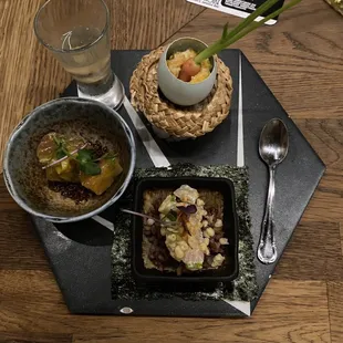 Scramble Egg with Tiny Vegetable in Straw Hat; Spicy Yellowtail Red Hand Roll Sushi; Sake Bomb Oyster Shot; and Fatty Tuna with Red Quinoa