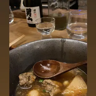 Rabbit and Cornish Hen Japanese Stew: Daikon, Quail Egg, Brussels Sprout.