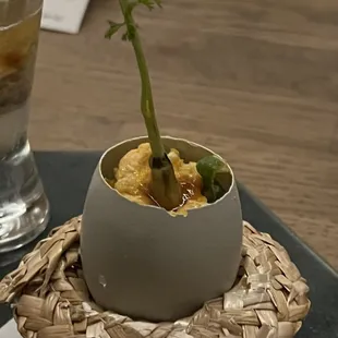 Scramble egg with tiny vegetable in straw hat -- so cute!!