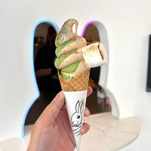 Matcha and iron Buddha soft serve + popping candy and toasted marshmallow