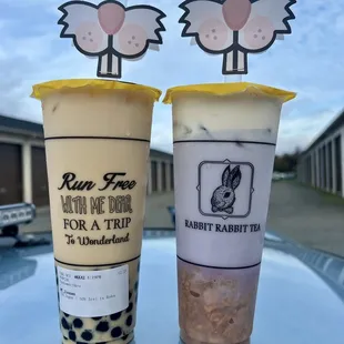 Oolong milk tea with boba (left) Taro milk tea with cheese foam and fresh taro (right)