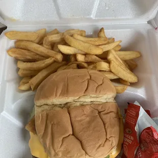 The Earnhart cheeseburger with bacon and fries.