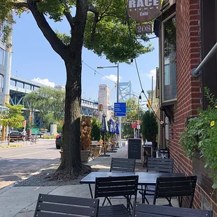 tables and chairs on the sidewalk