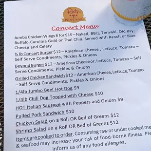 Concert menu w/ prices