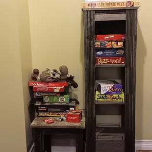 Board game selection in the game room.