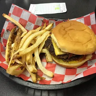 Double bacon cheeseburger with homemade fries. Yum!