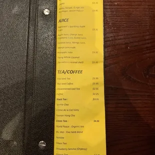 Drinks menu