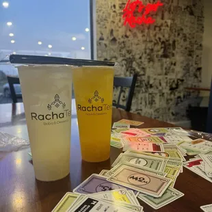 Jasmine Green Tea + Lychee fruit tea + lychee jelly  (left)  Jasmine Green Tea + Mango fruit tea + mango jelly (right)