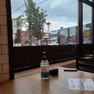 a table with a bottle of water on it