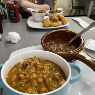 Crawfish Etouffee, Red beans, fried shrimp and fried okra.