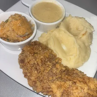 Chicken Fried Steak with Mashed Potatoes and Seafood Jambalaya