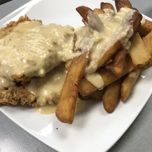 Chicken fried with steak fries and white gravy!