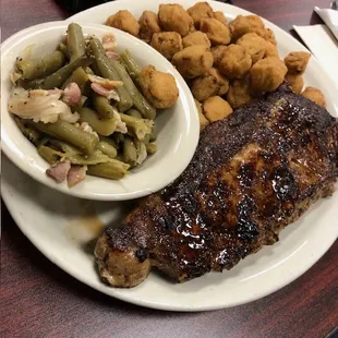 Sirloin NY Strip Steak with two sides: Green Beans &amp; Fried Okra.