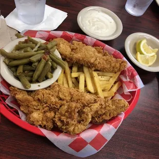 Chicken Basket with fries and green beans.