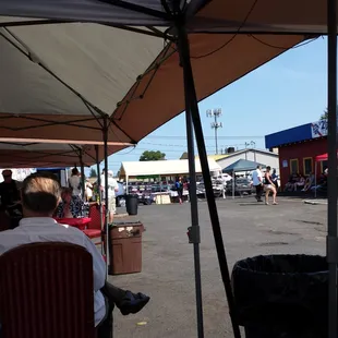 a crowd of people sitting under umbrellas
