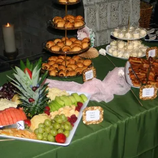 Fruit &amp; cheese plate, pigs in a blanket, french toast sticks, whipped maple butter, &amp; mini spam musubi.