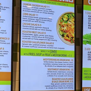a menu for salads and grains