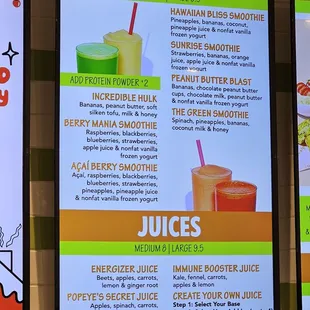 a menu for smoothies