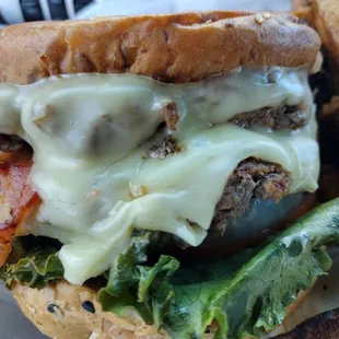 Double burger, pepper jack cheese, bacon