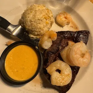 Sirloin and Shrimp* gf with horseradish potatoes.