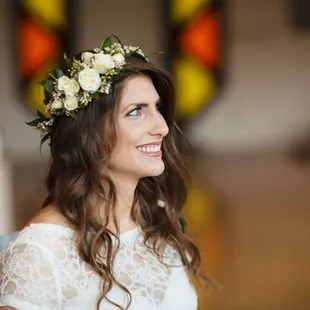 Eliza Jade Photography. Bridal floral crown of ranunculus, spray roses, waxflower, and seeded eucalyptus. www.DesignsByRachelKY.com