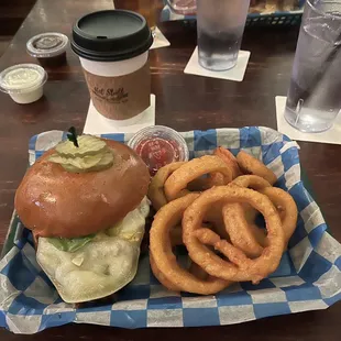 a burger and onion rings