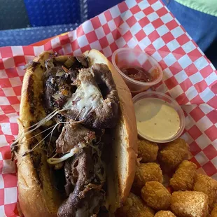 Philly cheesesteak and tots and ranch fat kids dreams!! Get extra ranch