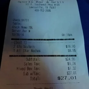 This is my tab for two beers and the nachos. Why am I paying a mixed beverage tax? I had two beers and a nacho.