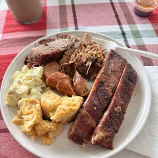 Meat madness special with Mac and cheese and potato salad