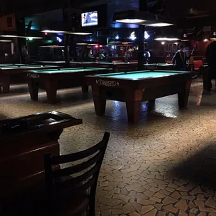 billiard tables in a pool hall