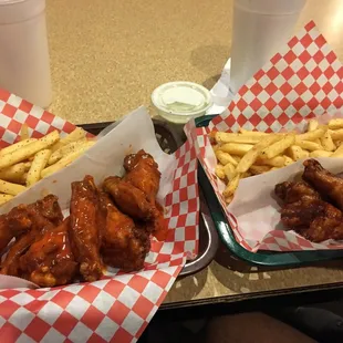 Wing baskets (Buffalo left, honey barbecue right)