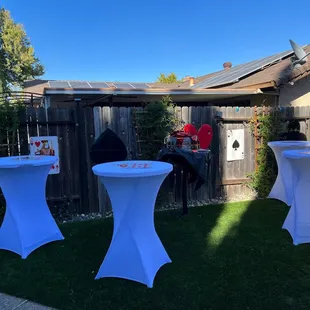 Cocktail tables rented with fitted linen covers