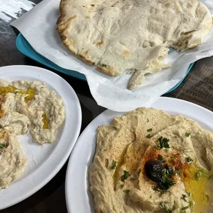Baba Ganoush, hummus, and naan.
