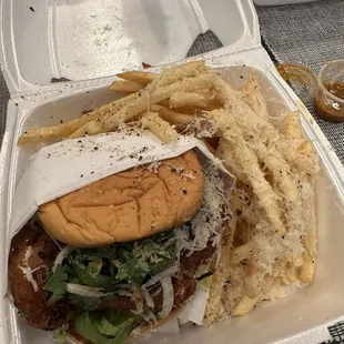 Spicy fish sandwich and Truffle Fries