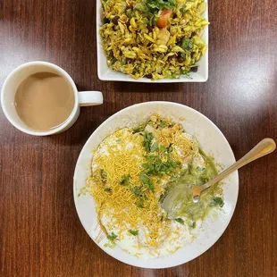 Our food Dahi Papadi Chaat and Hara Bhara Bhel and tea