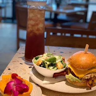 a plate of food and a drink