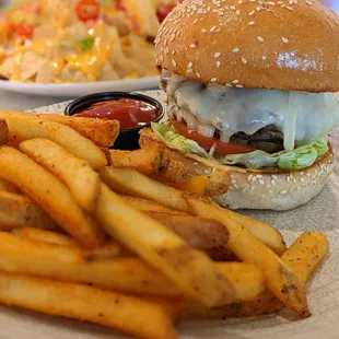 a hamburger and french fries