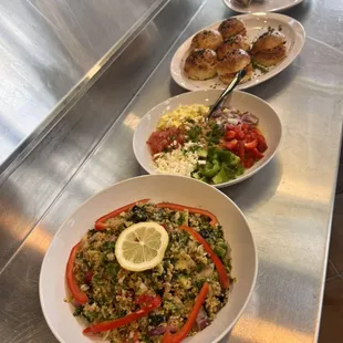 Roasted veggies quinoa salad. Fava beans supreme (red onions, shredded feta cheese, mixed bell peppers and boiled eggs). Spicy tuna sliders