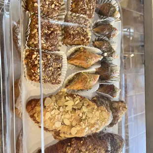 Baklava, hazelnut cream of wheat cake and honey and almond &amp; pistachio croissants