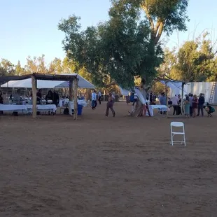 Buffet table of 3 different tacoswitj rice and beans.