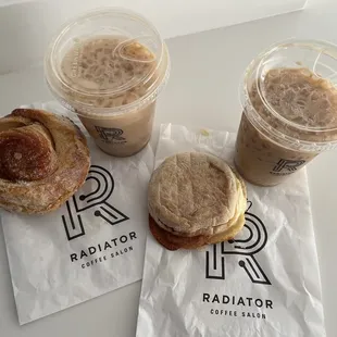 Iced Latte, Iced Dirty Chai, Morning Bun, and Bacon Egg Sandwich