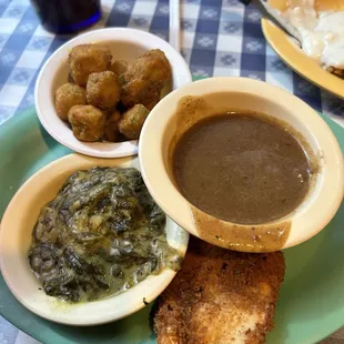 Jalapeno chicken, creamed jalapeno spinach, brown gravy, and fried okra