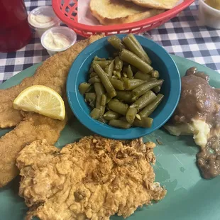 Fried fish and jalapeño fried chicken