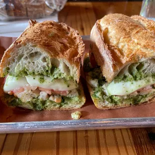 Summer special grilled chicken pesto sandwich on baguette