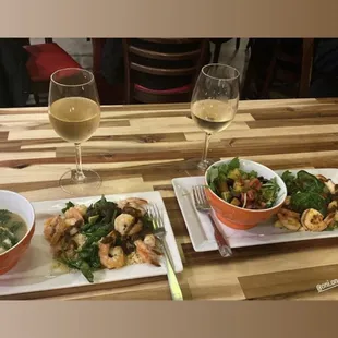 Prawns with harissa sauce, spinach &amp; couscous. Soup and Beets salad! Soo GOOD.